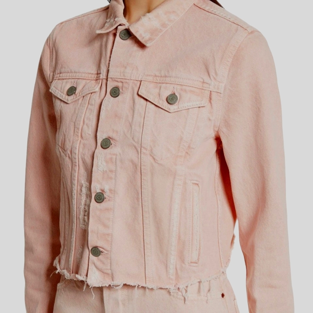 GRLFRND Peach Denim Nwot Cara Distressed Longsleeve Crop Denim Jacket